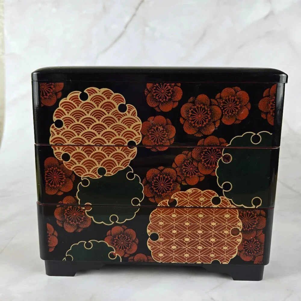 Vintage MMA Japanese Tiered Stacking Box Lacquered Red Black Gold Floral 1992